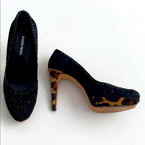 Ramon Tenza Platform Suede Leopard Heels Shoes - Picture 1 of 5